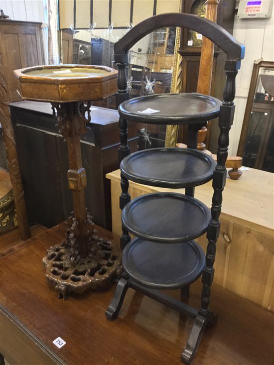 Chinese rosewood standard lamp, similar stand & a cake stand